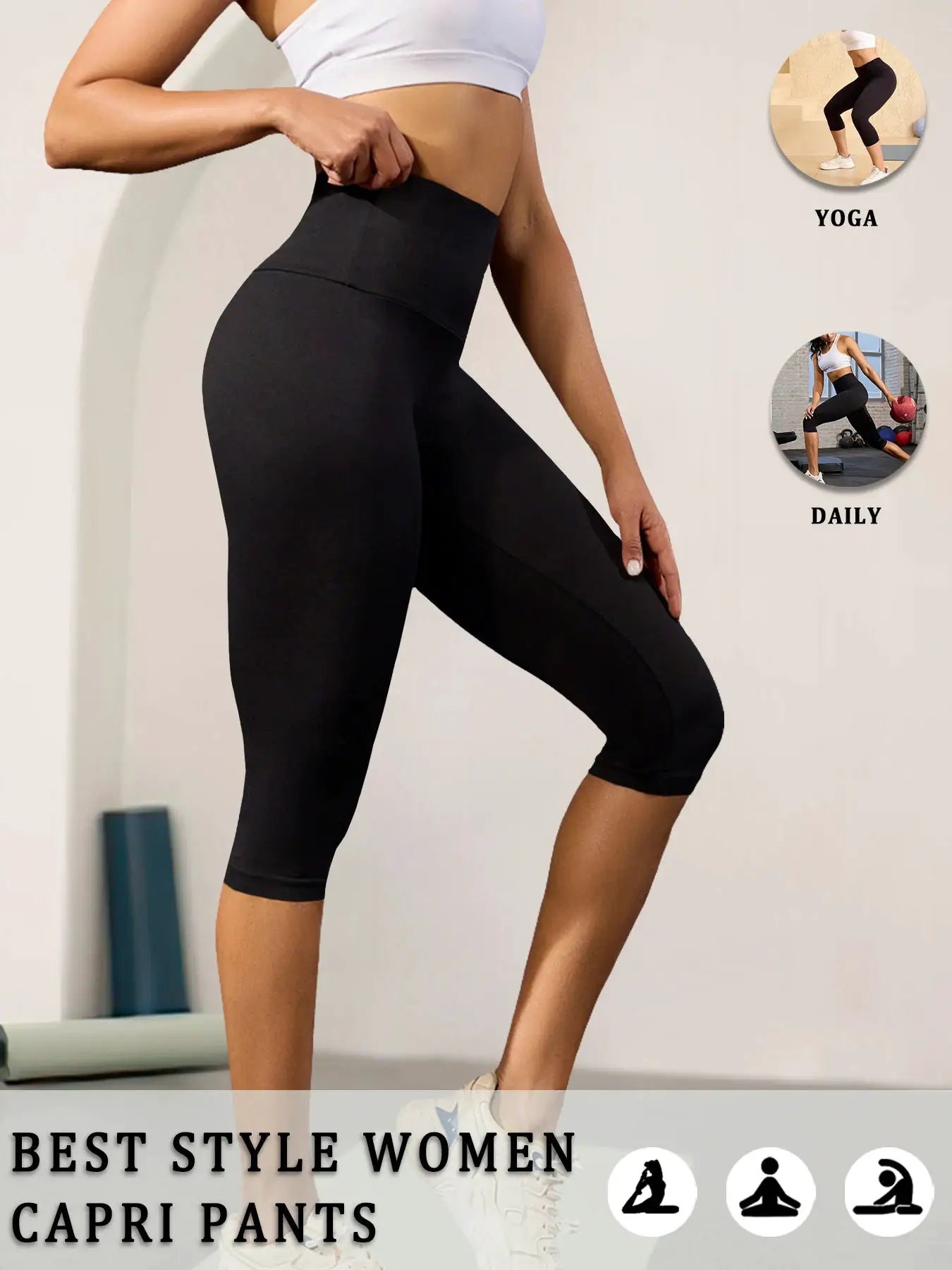 Women high-waisted Capri pants, black, super-soft no-see-through tummy-control for yoga and workouts