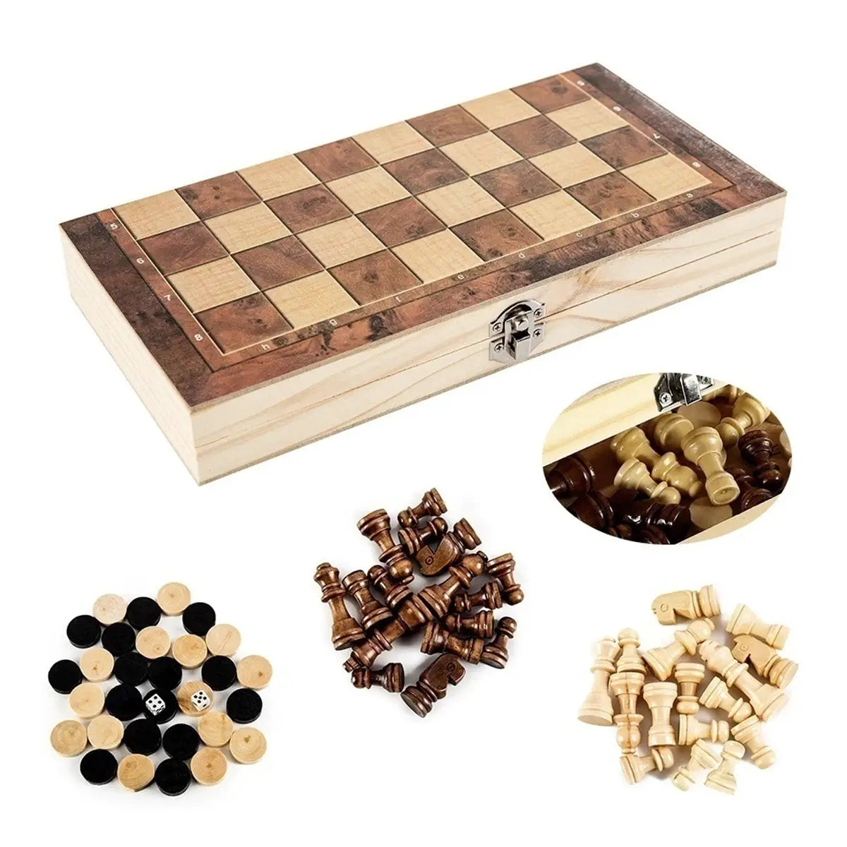New 3 In 1 Wooden Checkers Backgammon And Chess Set With Portable Folding Board For Travel