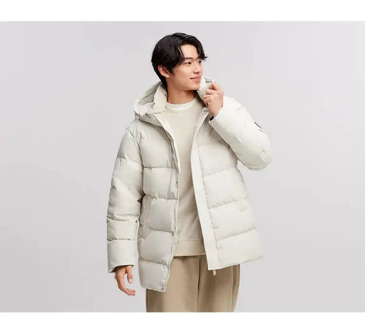 Semir men’s hooded down jacket, light gray mid-length puffer coat by Simples Market
