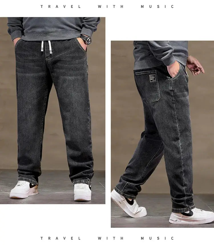Extra large men's baggy denim jeans in black with high-elastic waist and loose fit (8XL/6XL) Simples Market