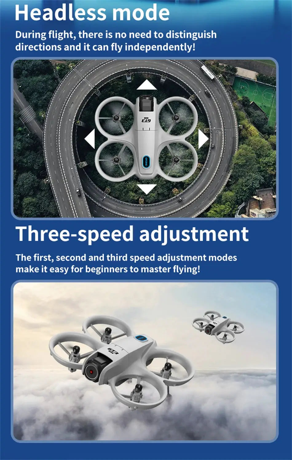 Drone GT3 MAX quadcopter by Simples Market, white with blue accents; headless mode and three-speed adjustment visuals.