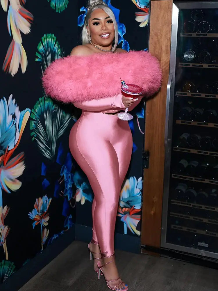Sisterlinda pink furry off-shoulder jumpsuit with metallic pink stretch fabric