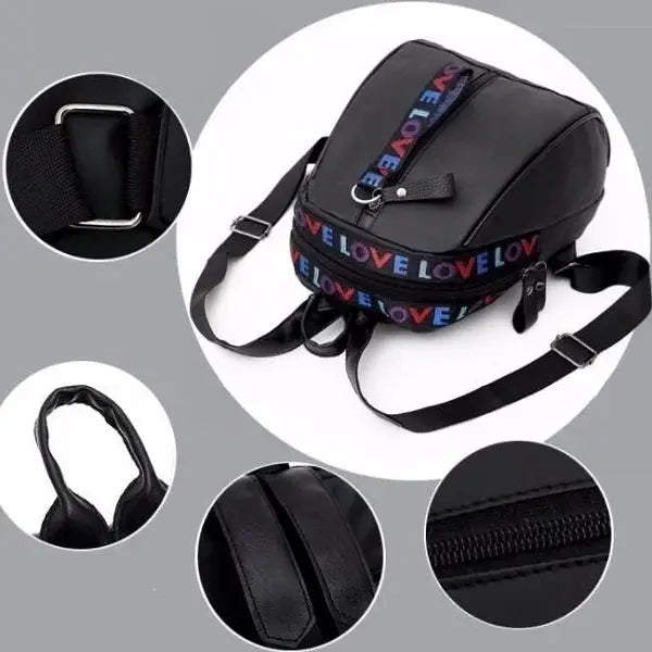 Simples Market women's black backpack with LOVE logo strap, casual school shoulder bag.