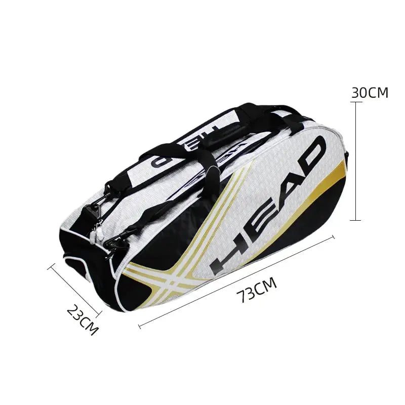 HEAD tennis racket backpack, large-capacity bag for 3–6 racquets, white/black with gold accents.