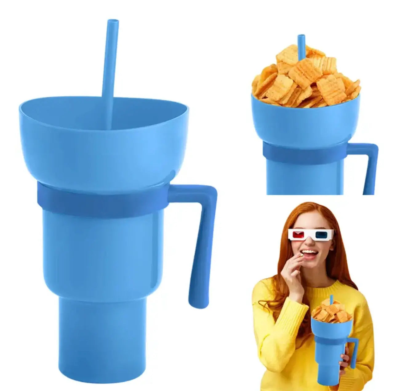 2 In 1 Popcorn Snack Cup With Integrated Beverage Cup And Handle Portable Novel Design For Movies And Parties