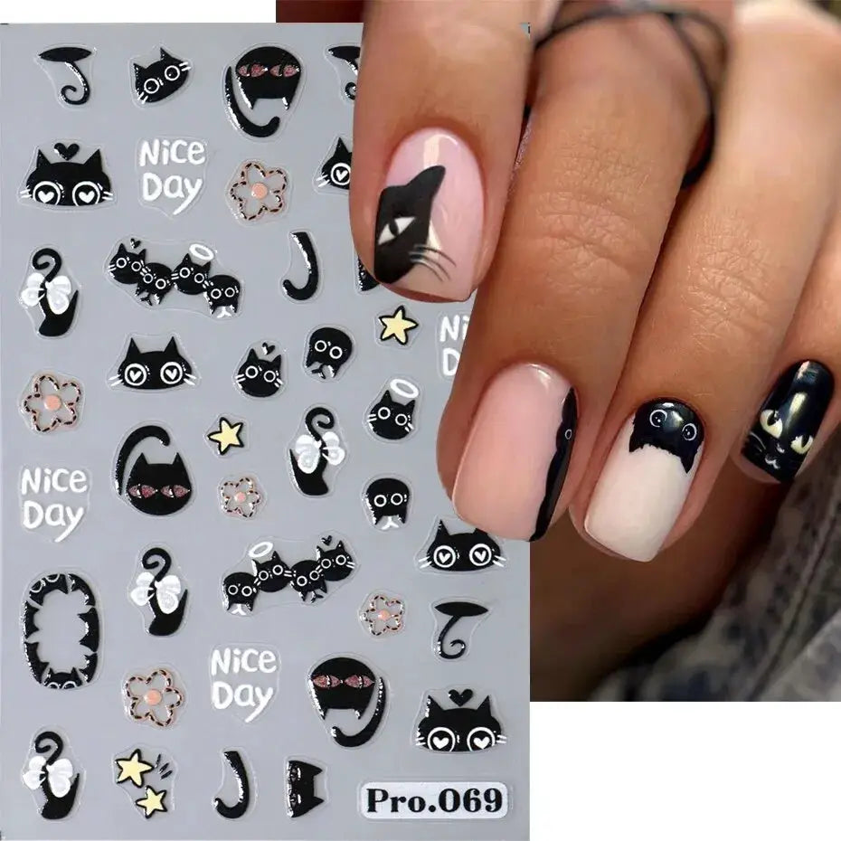 2pc black cat nail sticker sheet with 3D cartoon cat decals for manicure, self-adhesive