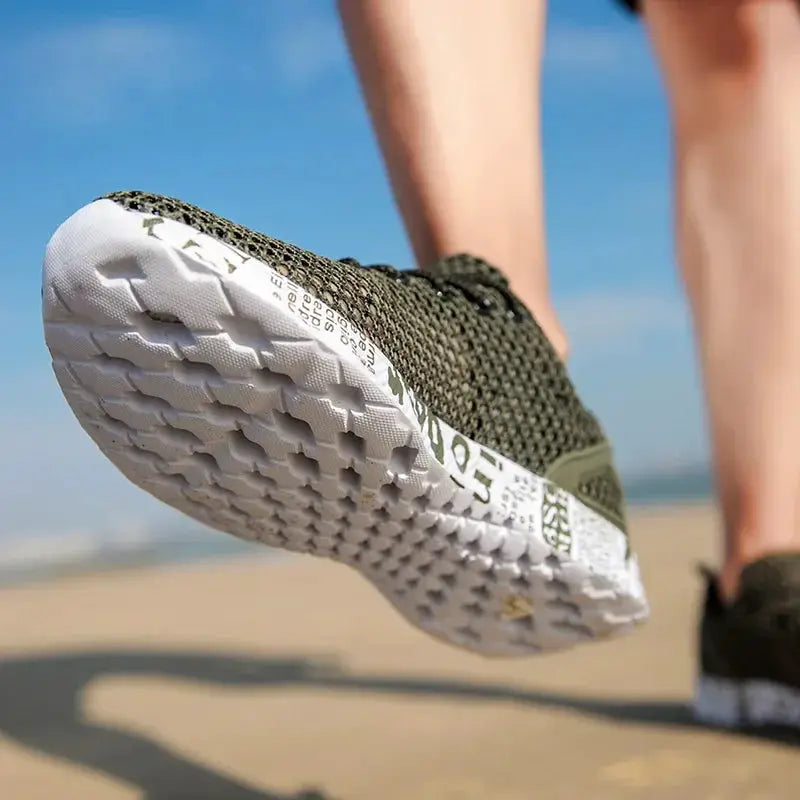 Men's aqua mesh water shoe by Simples Market, olive-green sneaker with white foam sole.