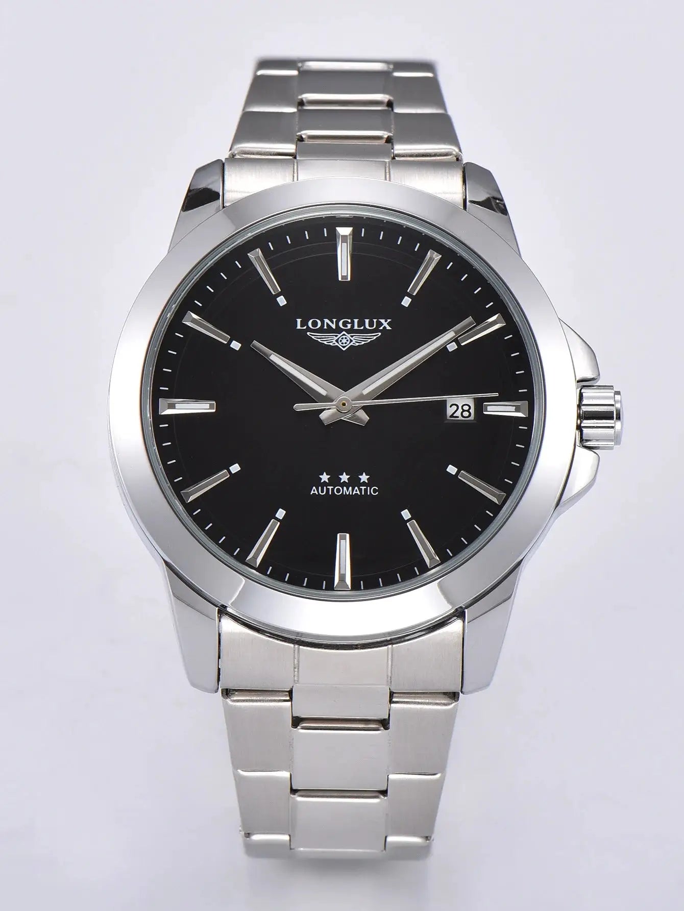 Longlux men's stainless steel automatic watch with black dial and date window