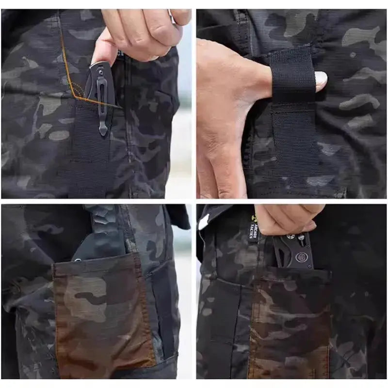 Simples Market men's camouflage waterproof cargo pants with zippered pockets and multiple pockets for hiking.