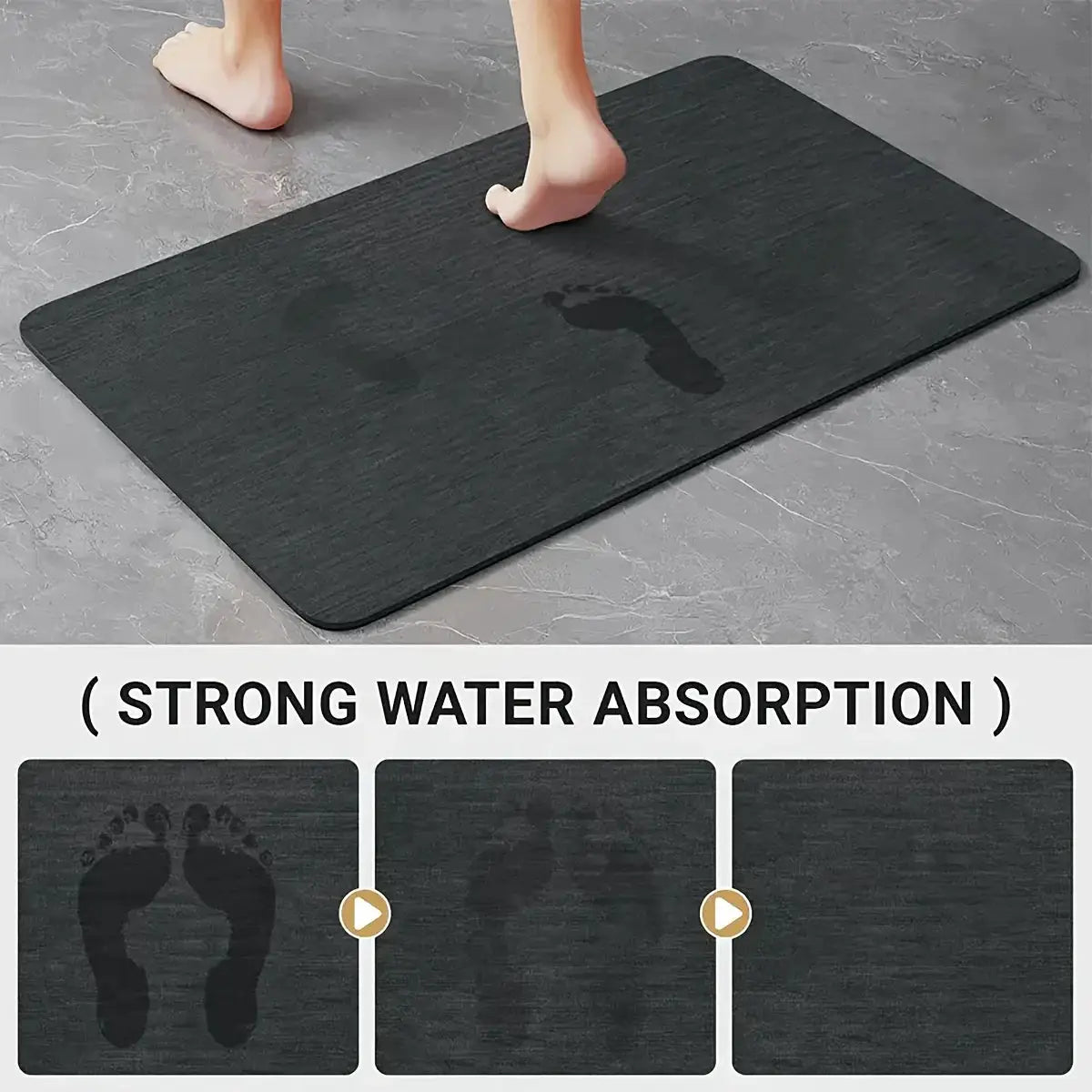 Diatom mud bathroom mat, black rectangular with rounded corners, anti-slip and absorbent.