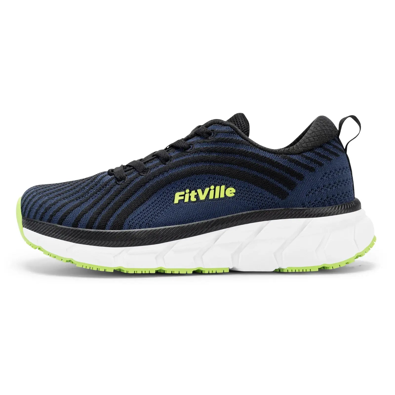 FitVille wide-toe-box men's running shoe, navy knit upper with FitVille logo, white midsole and neon lime outsole.