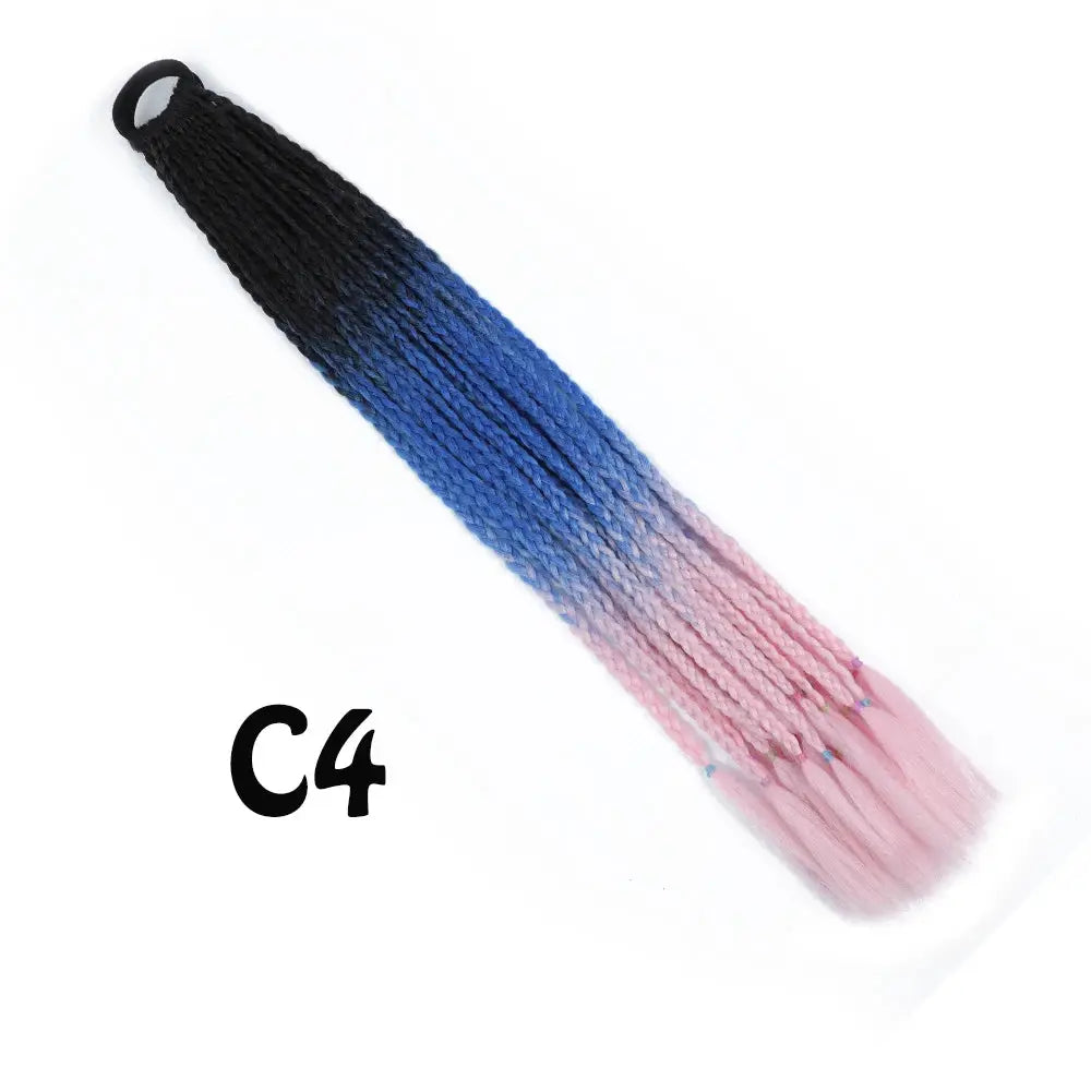 Simples Market 24-inch synthetic gradient braided ponytail extension with elastic band, black to blue to pink rainbow.