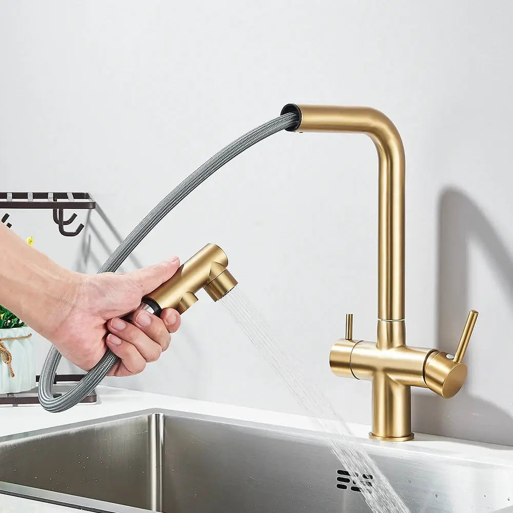 Simples Market brass kitchen pull-out faucet with flexible hose and spray head, 360° rotation
