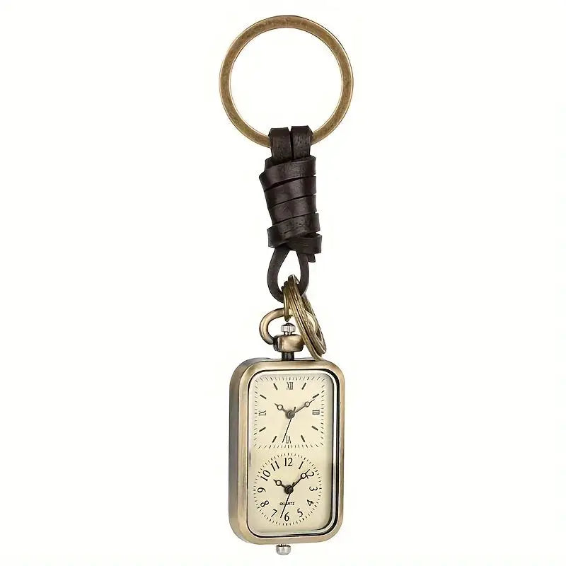 Bronze keychain pocket watch, square antique-style with dual dials and a leather-wrapped ring