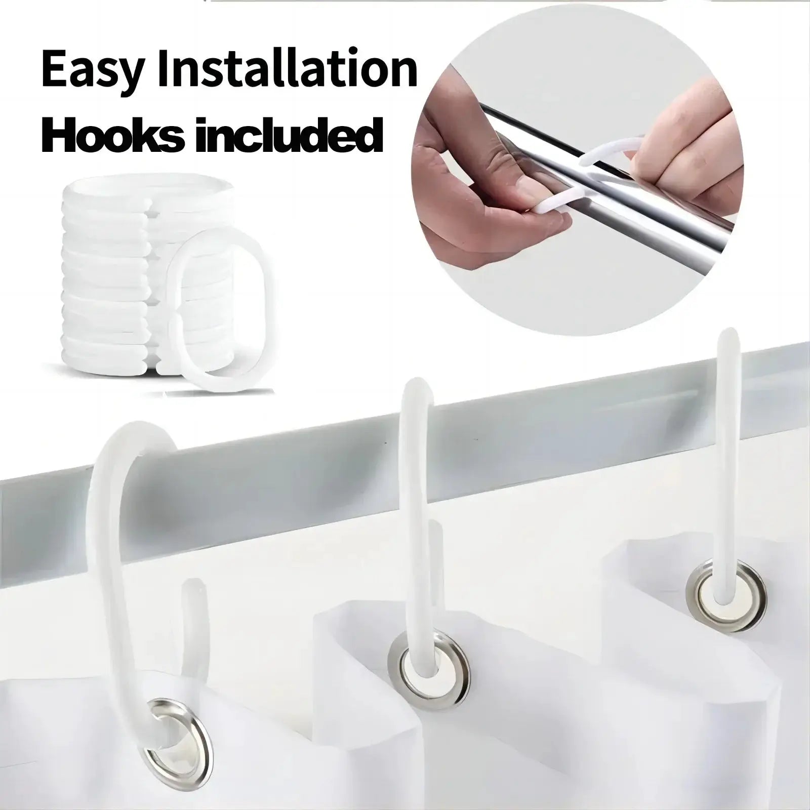 Bathroom shower curtain with hooks; white, waterproof PE/EVA fabric, mildew resistant