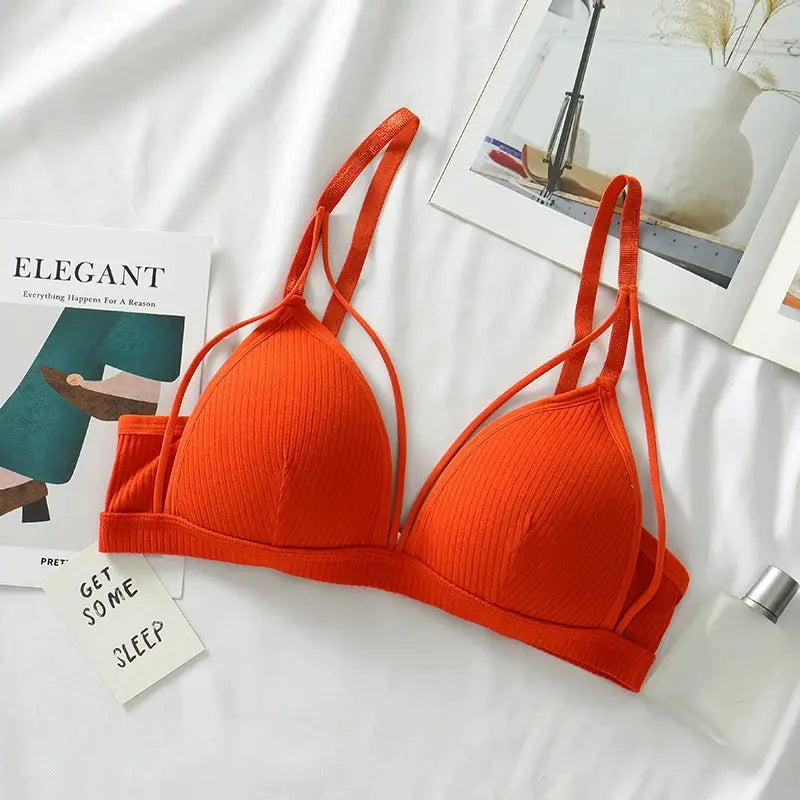 Orange wire-free triangle-cup bralette with ribbed fabric and adjustable straps