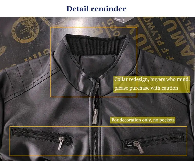 Simples Market 2024 men's black PU leather motorcycle jacket with front zip and zippered pockets