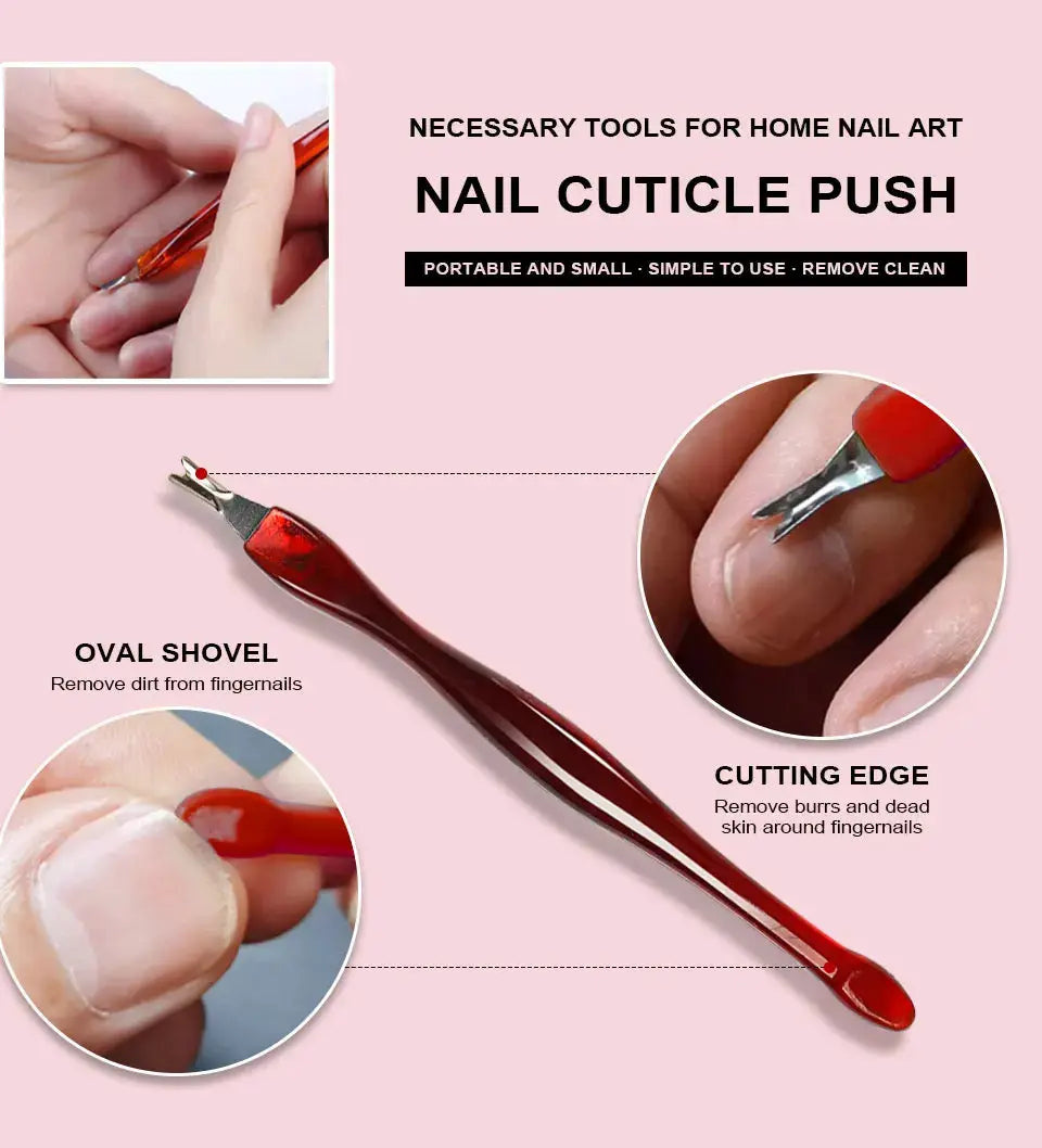 Nail cuticle push tool with red handle and oval shovel tip for home manicure