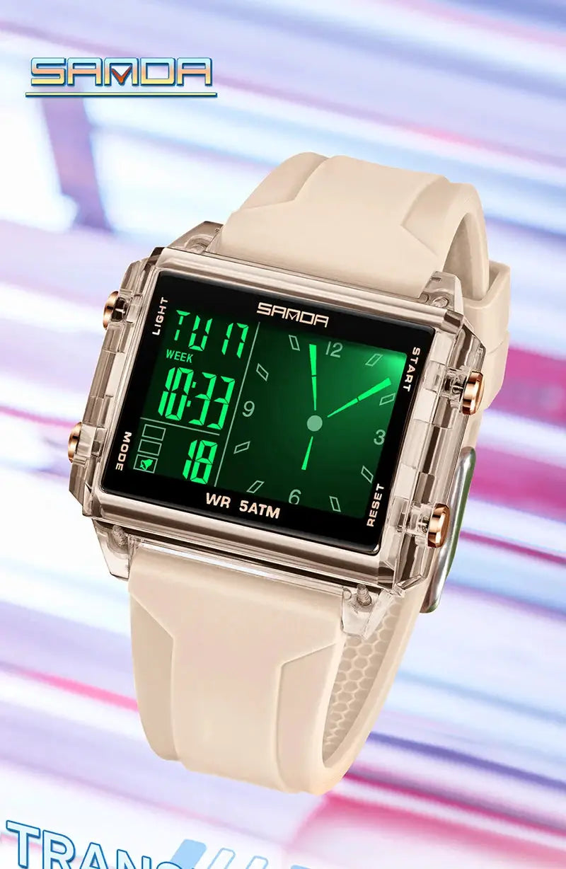 SANDA 6273 wristwatch by SAMDA with beige silicone strap, square dual-time display