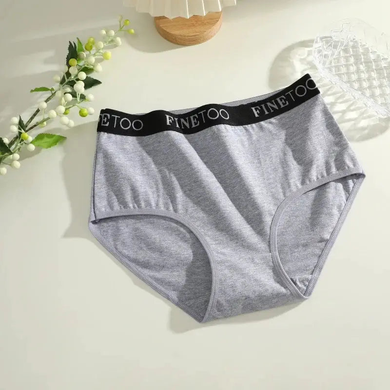 Finetoo gray cotton women's briefs with black elastic waistband