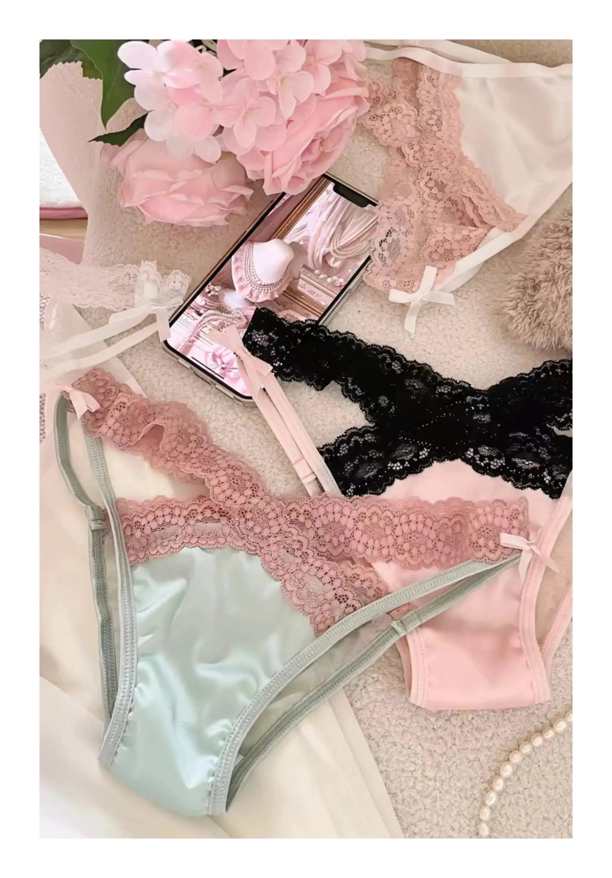 Lace underwear set by Simples Market; pink, black and mint mesh low-waist briefs with satin trim