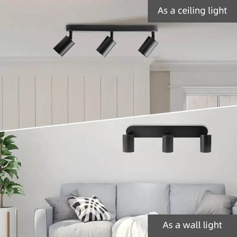 Simples Market GU10 LED spotlight track light with three adjustable black heads; ceiling-mounted or wall-mount.