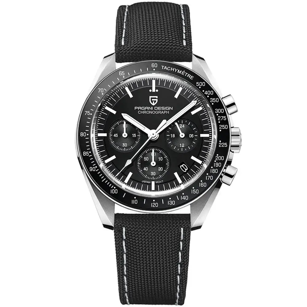 Pagani Design chronograph watch with black dial, stainless steel case, tachymeter bezel, black fabric strap