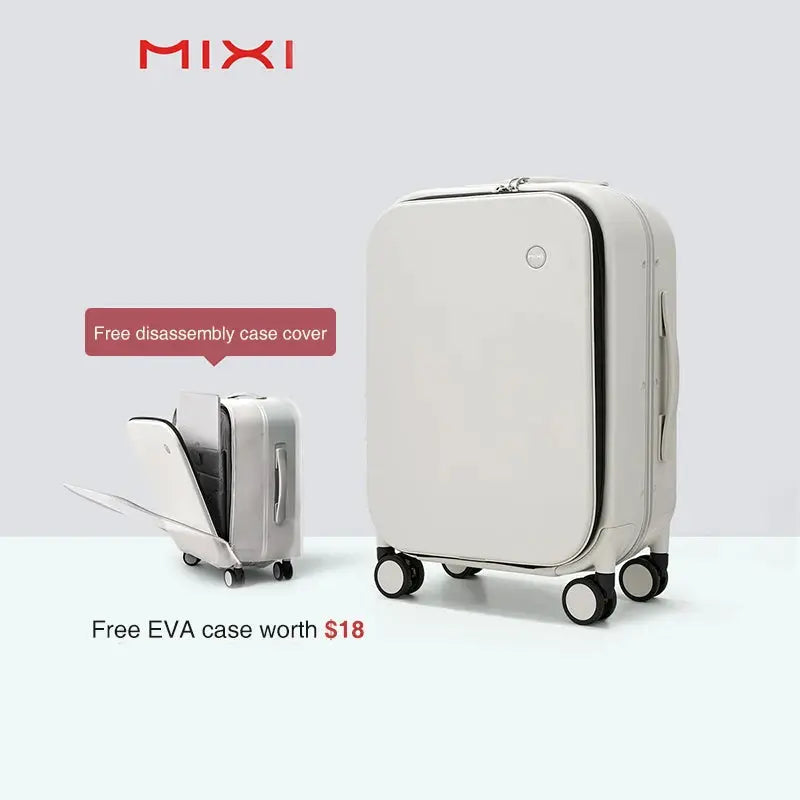 MIXI aluminum-frame rolling luggage set with large cabin suitcase and small carry-on, includes free EVA case