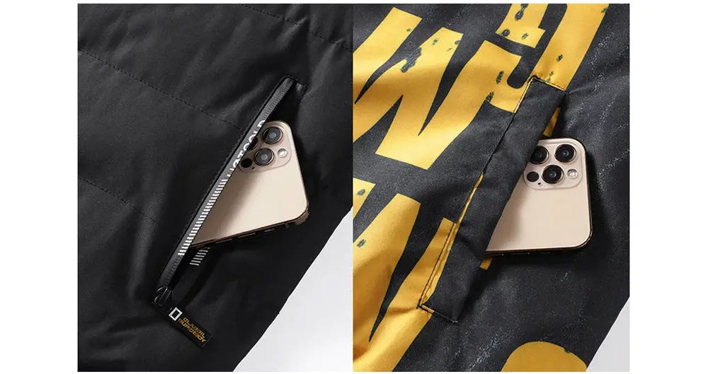 DIMUSI padded men’s winter jacket with zip pocket; black fabric with yellow graphic accents