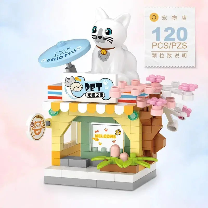 Restaurant Dessert Coffee Street View Building Blocks Kit With Pet And Fruit Store Model For Kids And Adults