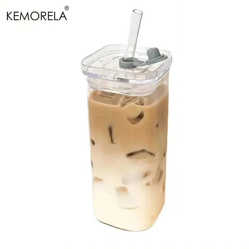 Square Heat Resistant Glass Coffee Cup With Lid And Straw Transparent Milk Tea Juice Cup For Home Bar Drinkware