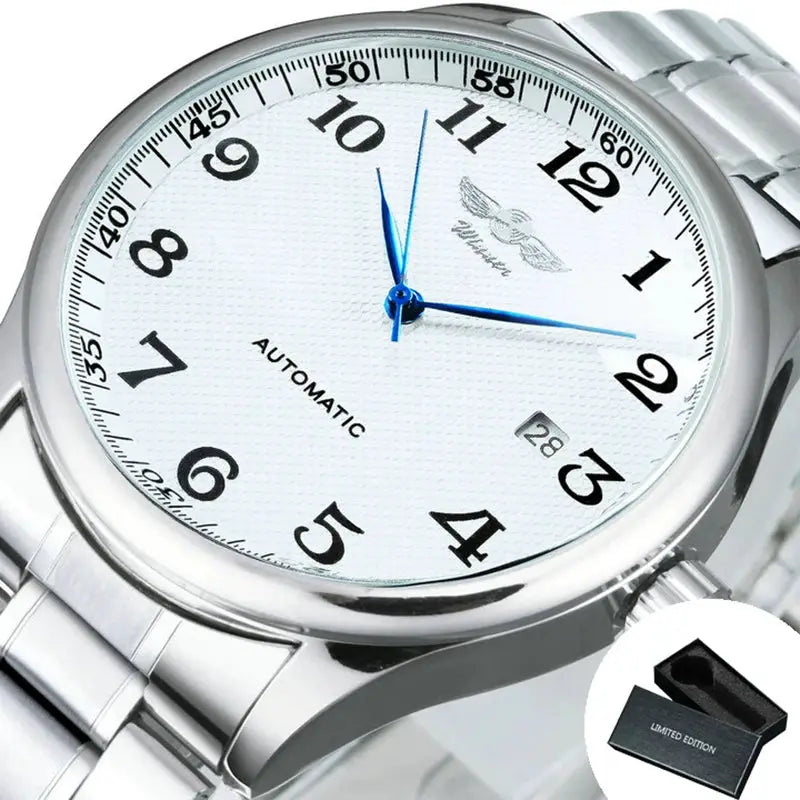 Winner men's automatic calendar watch with white dial, blue hands, stainless steel strap; limited edition box
