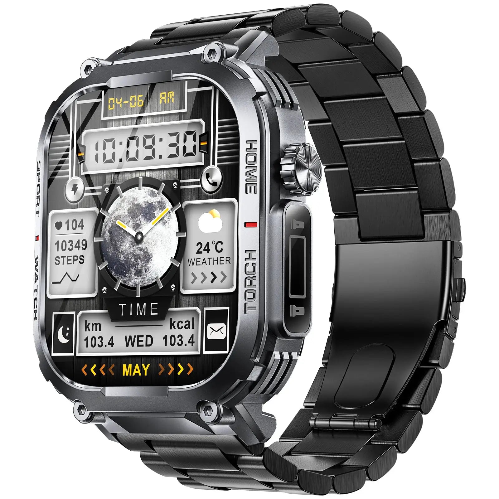 EIGIIS 2024 Smart Watch for men, black metal bracelet, 2.02-inch display, 3ATM waterproof, compass and LED flashlight