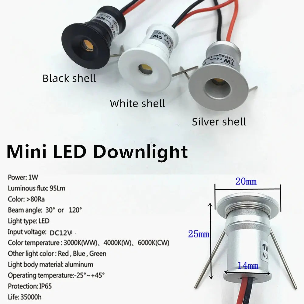 1W Mini LED Downlight set of 3 in black, white and silver shells for ceiling spotlights