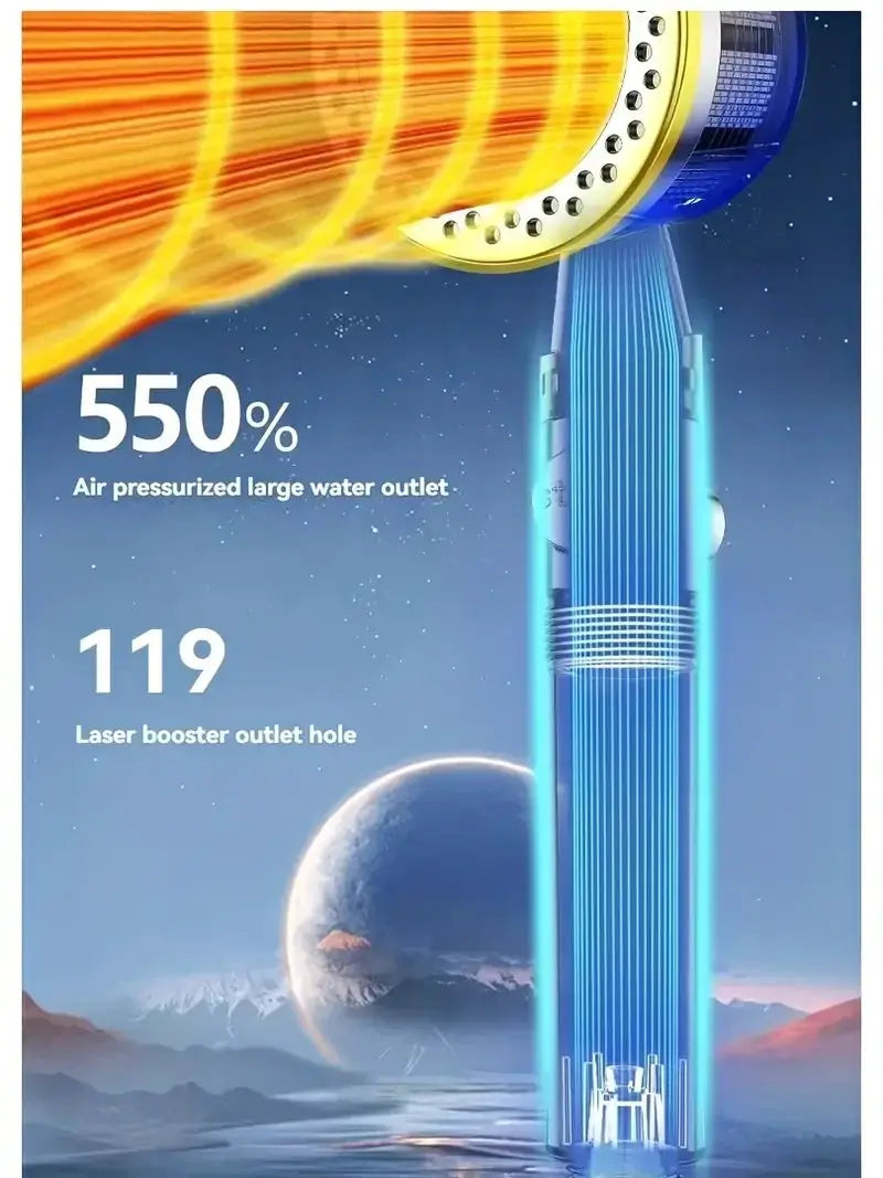 Blue handheld shower head with 5 spray modes and water-saving filter