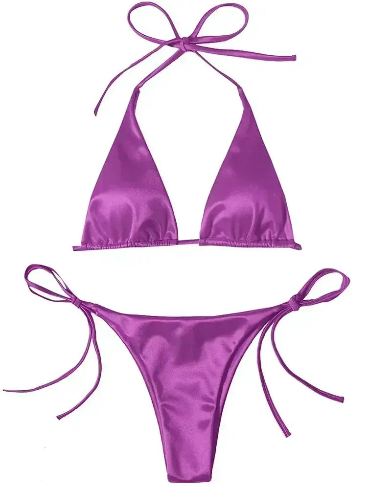 Halter purple metallic satin bikini set, two-piece women's swimwear with high-cut bottoms