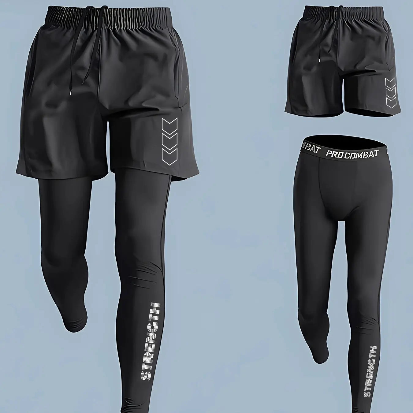 Men's 2-in-1 black compression sport pants with attached shorts, quick-dry fabric, PRO COMBAT waistband