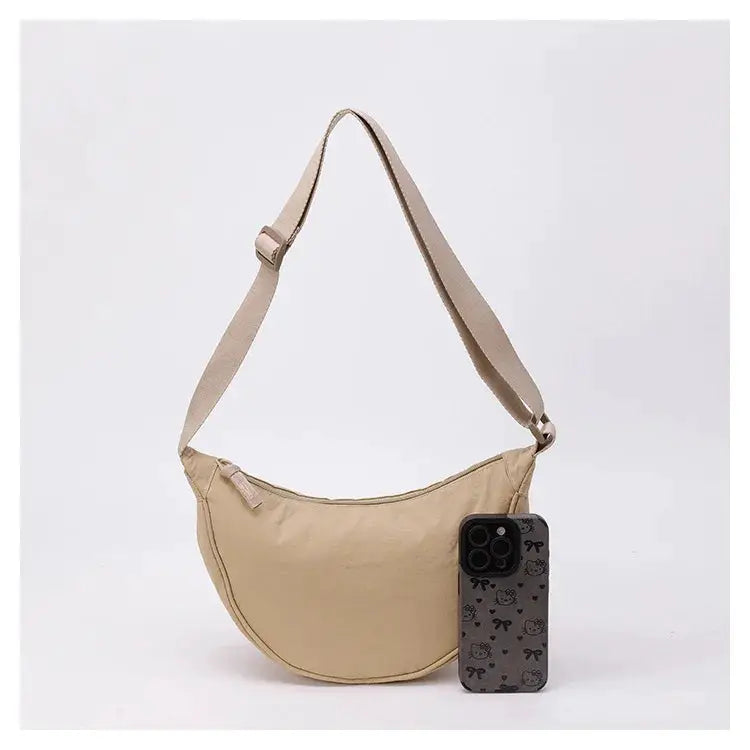 Nylon zipper crossbody bag, crescent dumpling style in beige with adjustable strap, large capacity by Simples Market