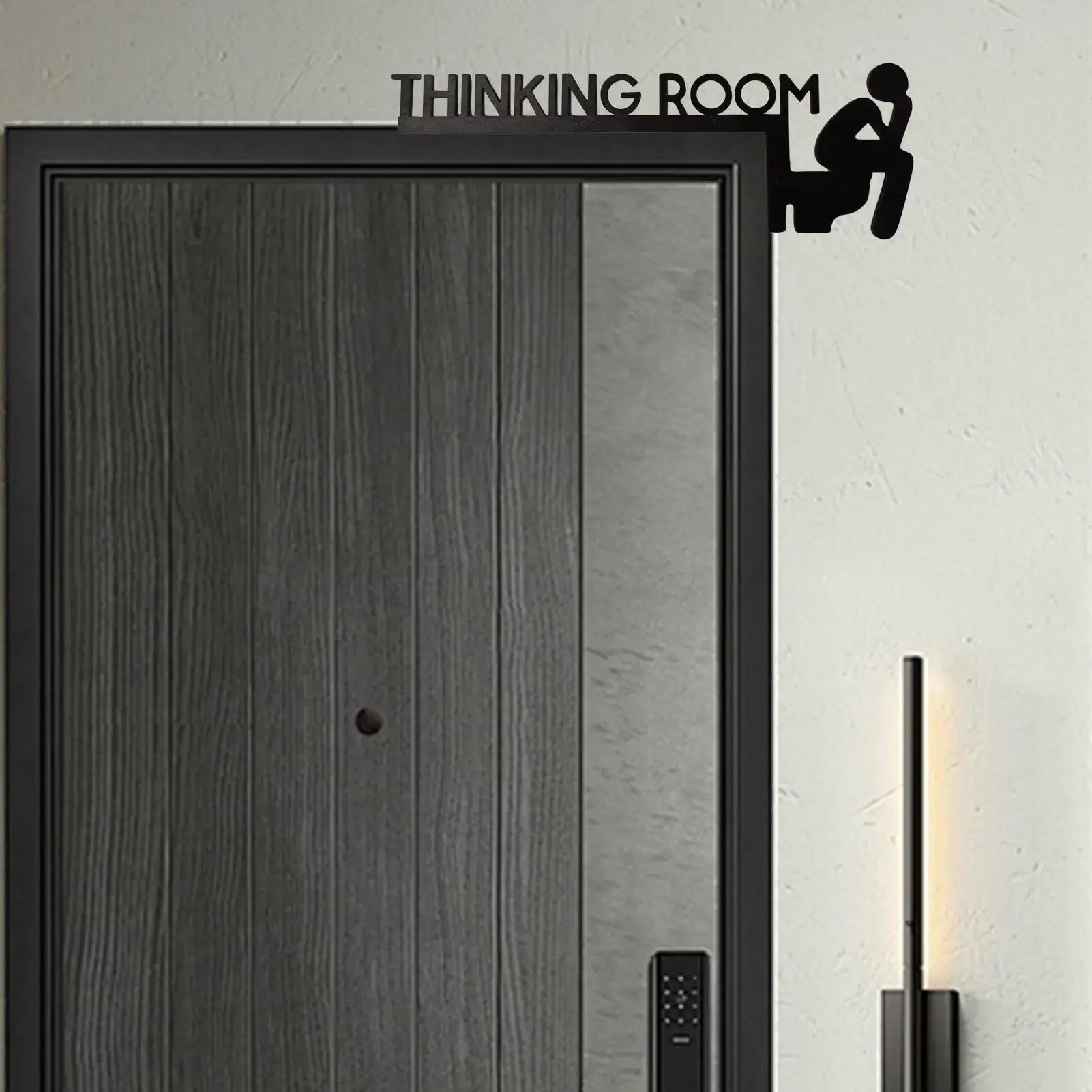 Door sign THINKING ROOM with seated silhouette on a toilet, wood bathroom decor by Simples Market