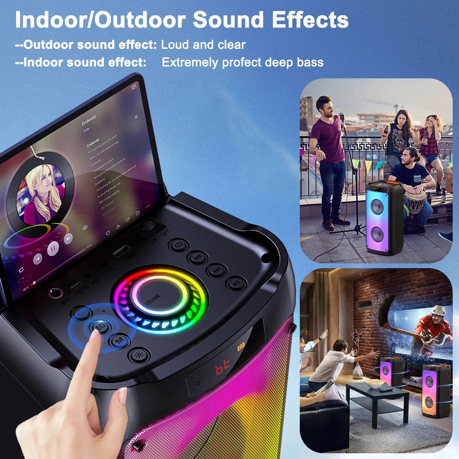 T10-T wireless Bluetooth karaoke speaker with LED lights and 2 microphones