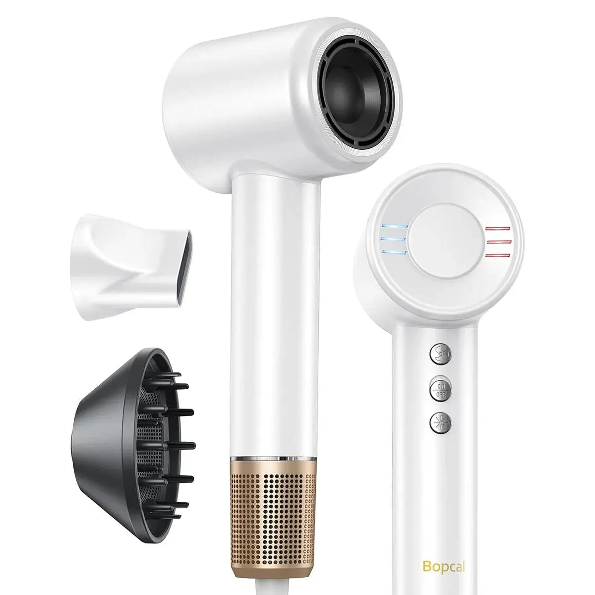 Hair dryer by Bopcal, white with multiple attachments including nozzle and diffuser