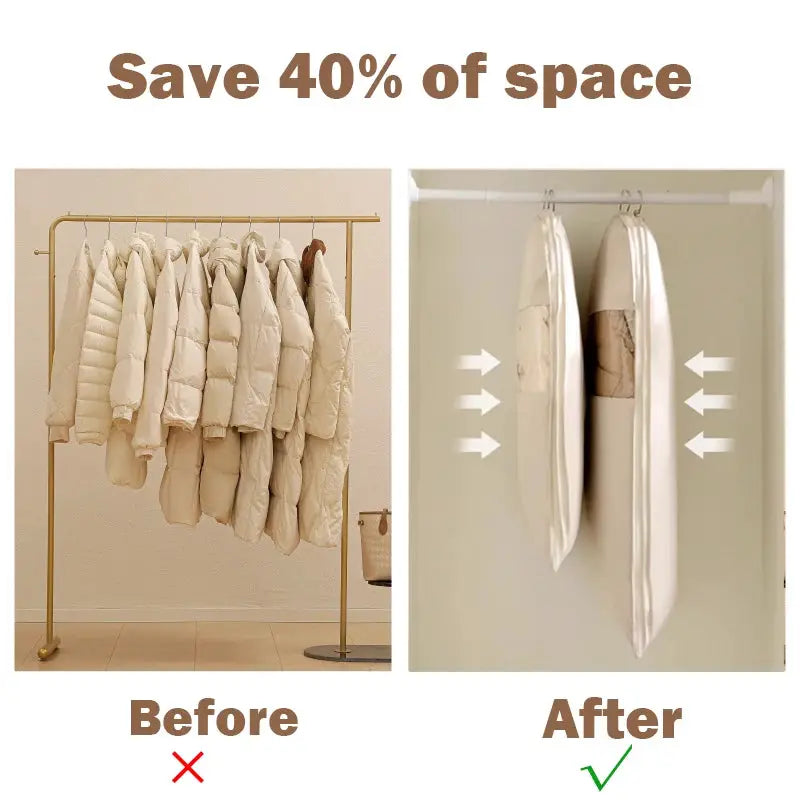 Simples Market 1pc white clothing compression bag wardrobe organizer for down jackets; space-saving, shown before and after.