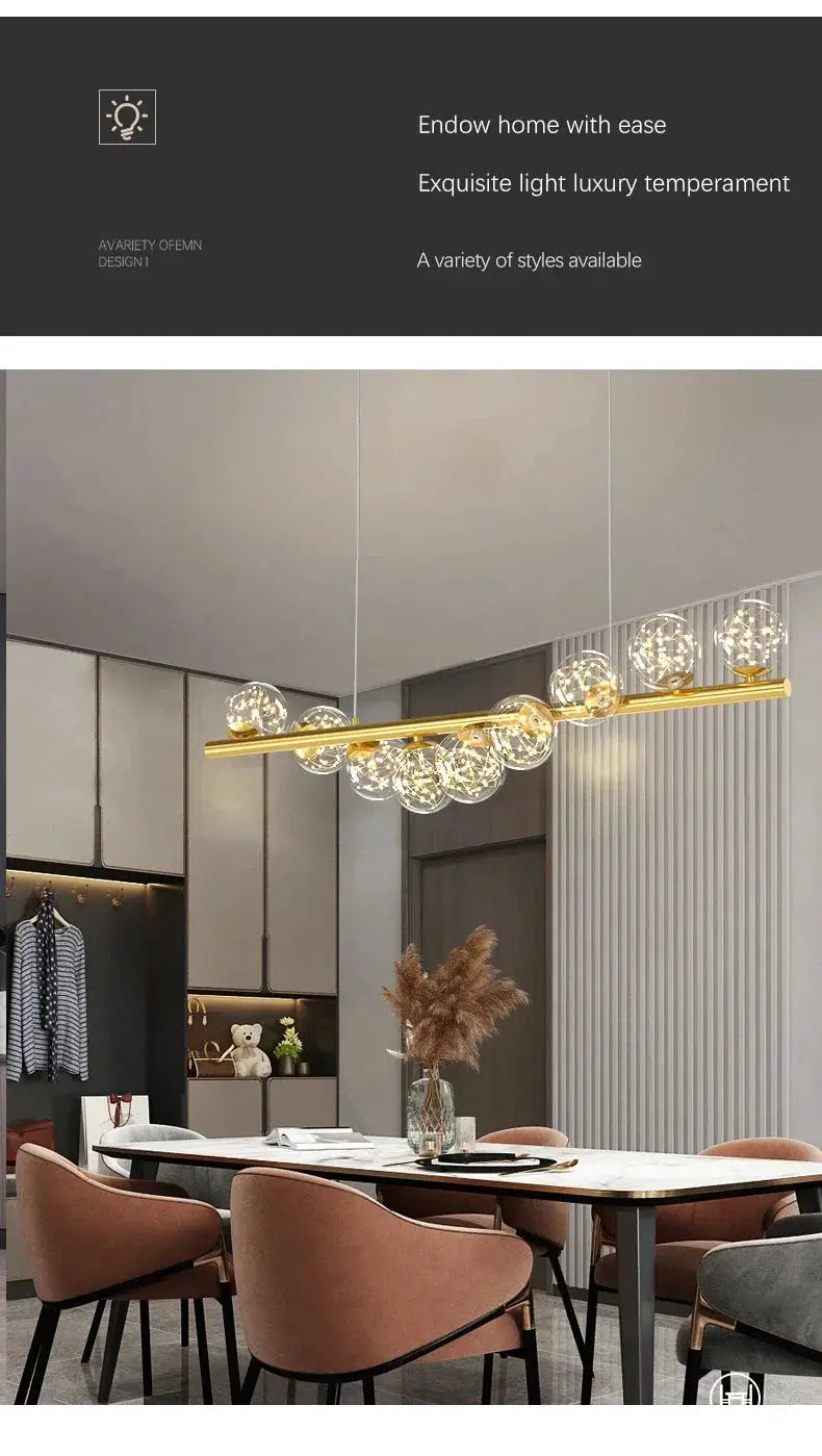 Nordic ceiling chandelier with gold bar and clear glass globe bulbs over a dining table