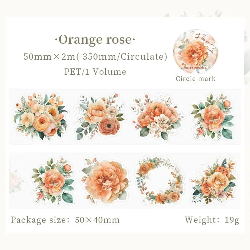 Mr.paper PET Washi Tape Flower Garden Series decorative tape set with 8 orange rose floral designs by Simples Market