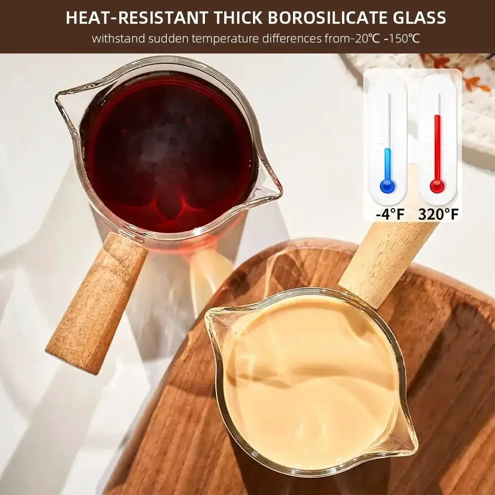 Glass Measuring Cup With Wood Handle For Espresso And Milk Coffee