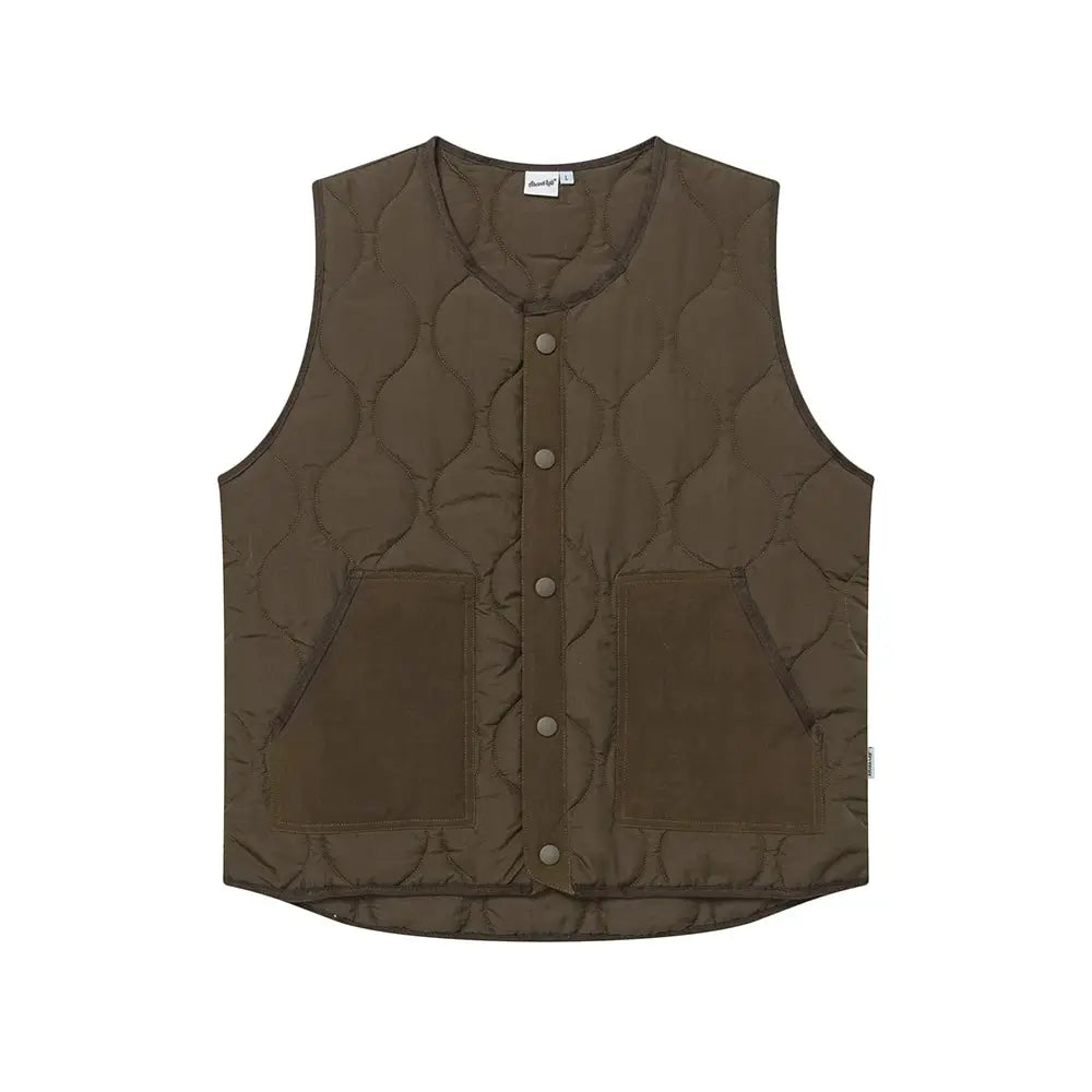 Vintage brown quilted cotton padded vest for men with snap front, two large patch pockets and sleeveless construction.