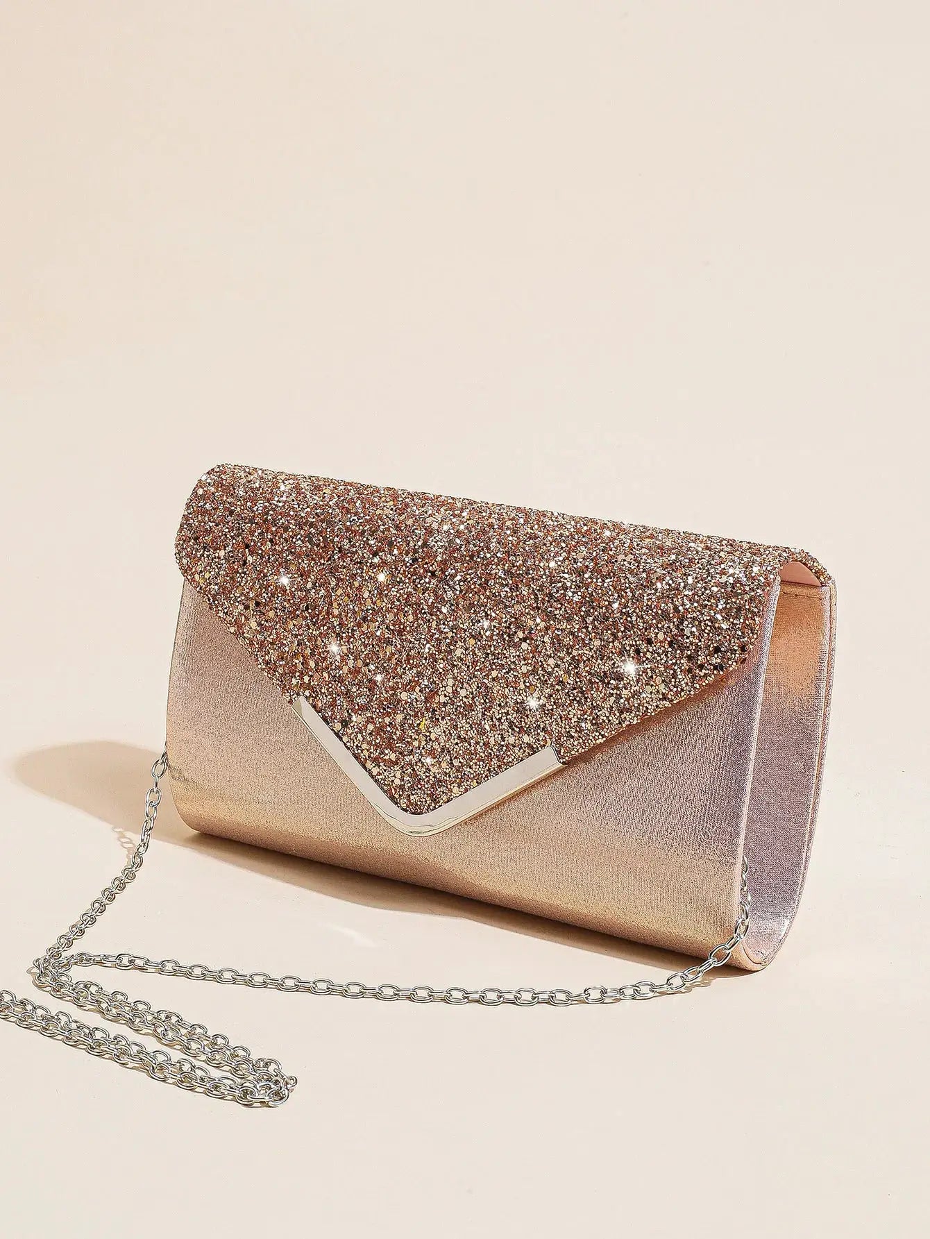 Women sequin envelope clutch handbag in rose-gold glitter with chain shoulder strap