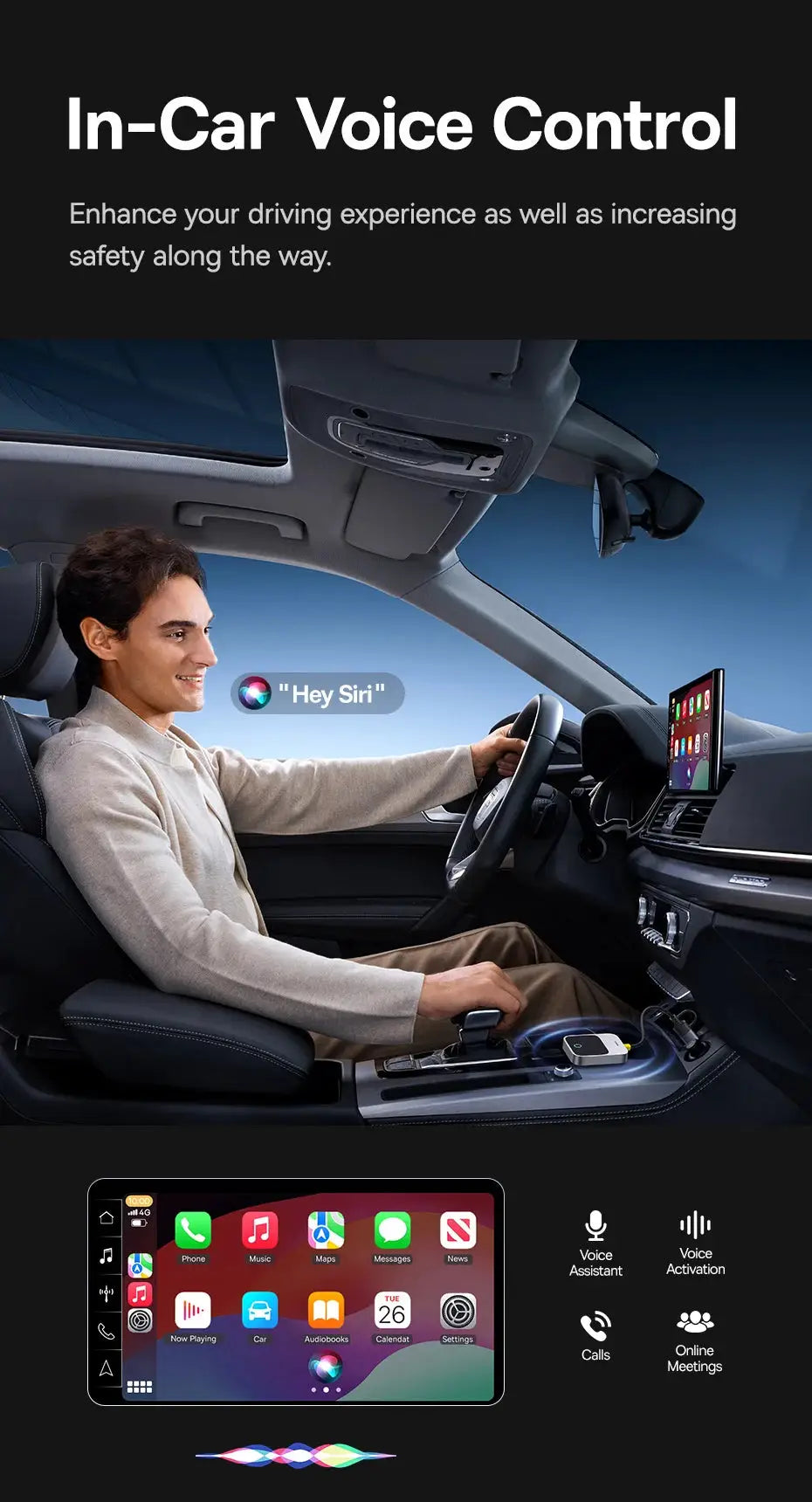 Baseus wireless CarPlay adapter, compact white device on a car center console with Siri and iPhone display