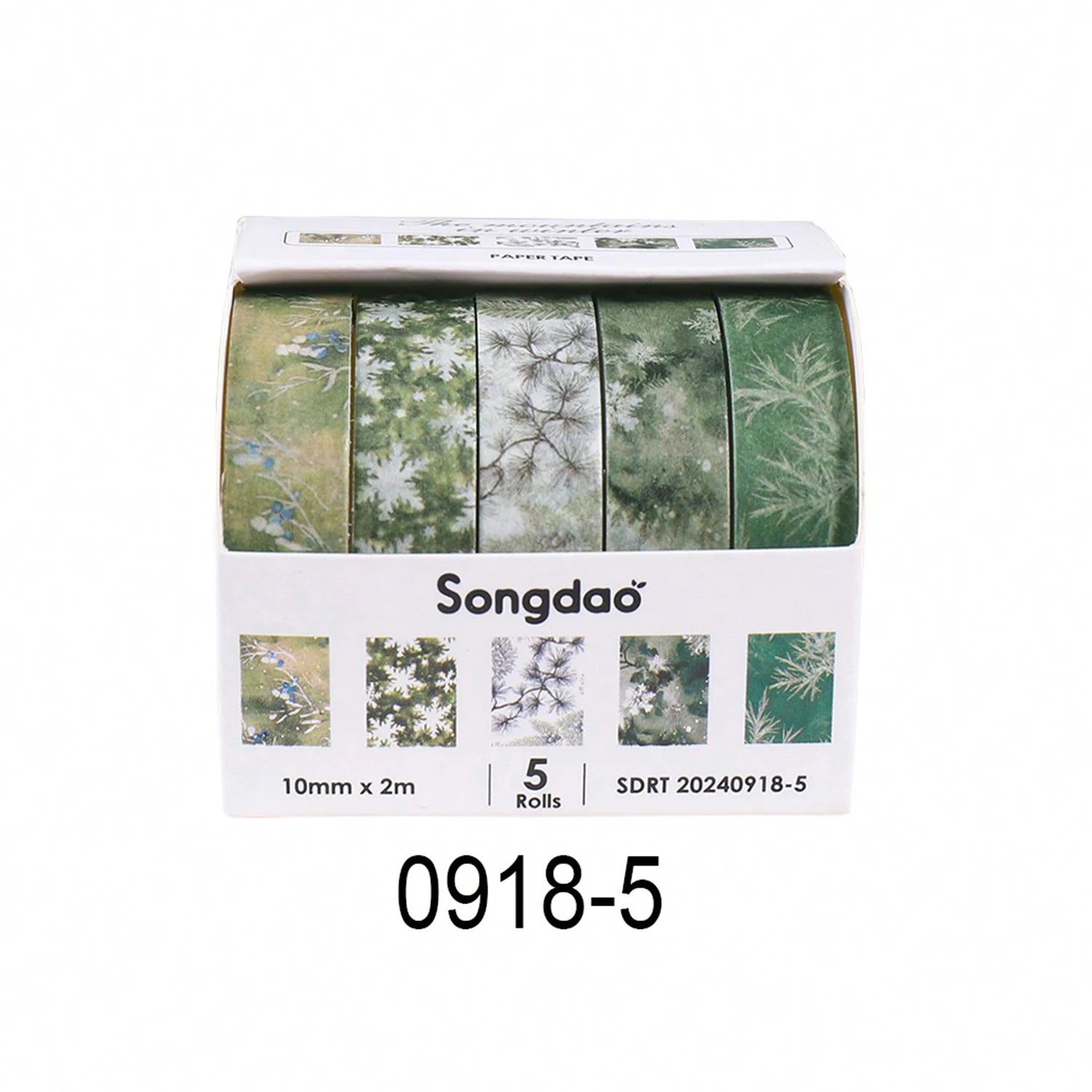 Washi tape set: 5 green floral rolls in a boxed Songdao pack (10mm x 2m each)