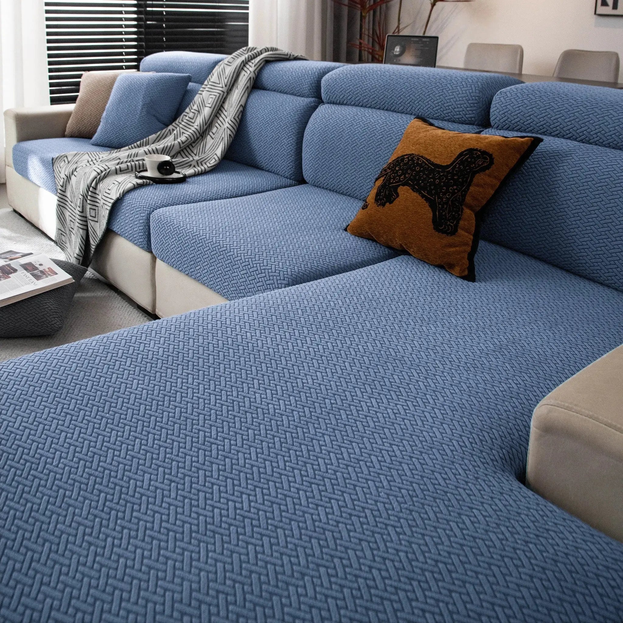 Stretchy polar fleece sofa slipcover in blue for a 3-seat sofa, universal fit